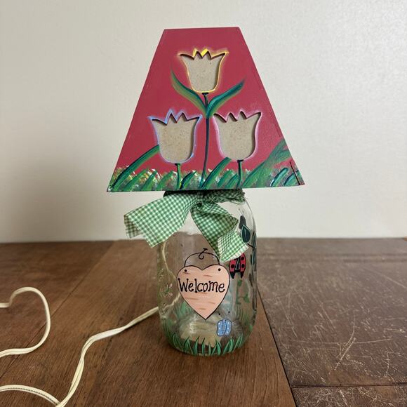 Hand Crafted mason jar lamp floral WELCOME Tulip cutout on shade WORKS - Picture 1 of 9